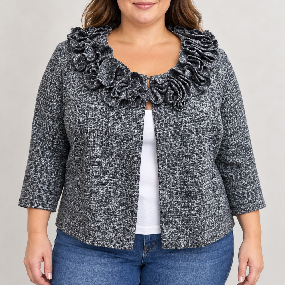 Danny Nicole 20W Jacket Cardigan Gray Cropped Ruffle Collar Open Quiet Elegance